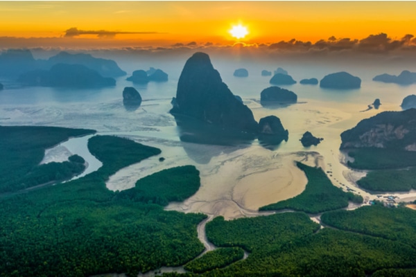 Helicopter view of the Phang Nga Bay region at sunset