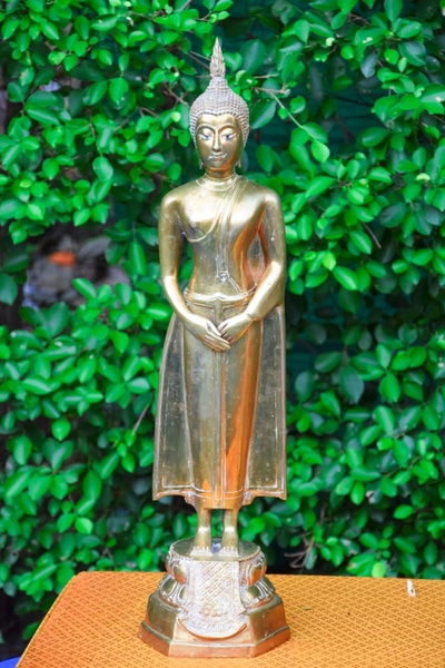 A Statue of the Sunday Buddha Posture sitting on a brown table in front of some green plants