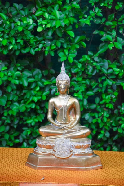 A Statue of the Thursday Buddha Posture sitting on a brown table in front of some green plants