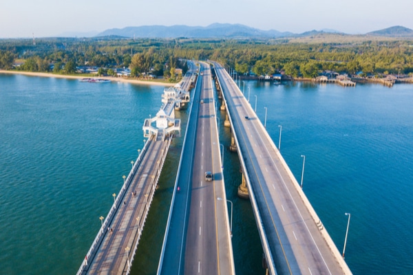 sarasin bridge as seen from above with Phang Bay province in the distance