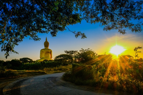 the view of Wat Muang Buddha from the back with the sun setting in the foreground