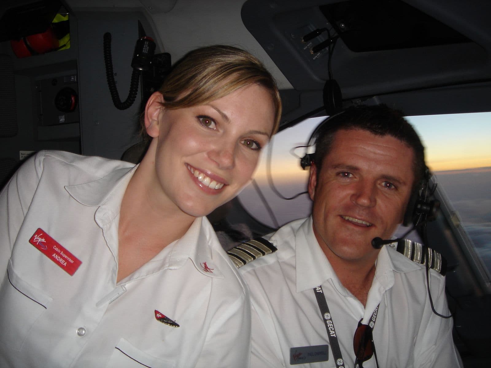 Captain Paul Chappell with Andrea Chappell, co-owners of Simba Sea Trips, on the flight deck — both with professional aviation backgrounds (Paul as commercial pilot, Andrea as senior cabin supervisor)