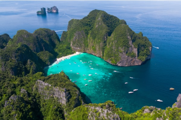 Maya Bay shot from a drone above the limestone cliffs
