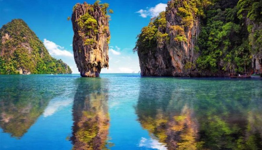 Phang Nga Bay from the beach looking out to the prominent limestone rock feature