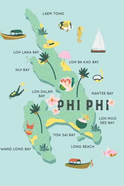 phi phi island cartoon map with illustrations of notable landmarks