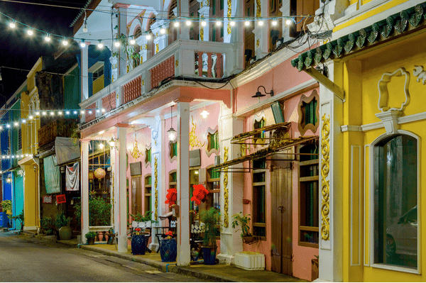 a streetview of Phuket Old Town during the night time