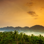 the phi phi islands seen from land at sunset
