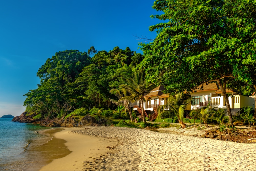 Tropical landscape with a beach and resort