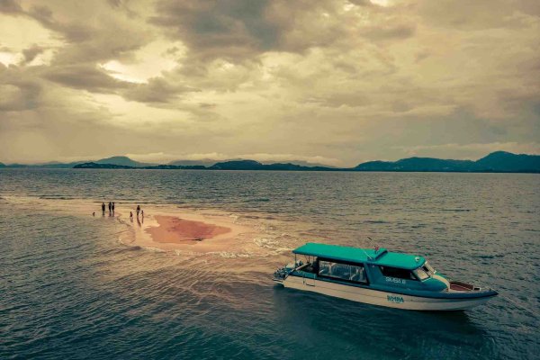 Simba Sea trips Speedboat near sandy beach, boat floating on water