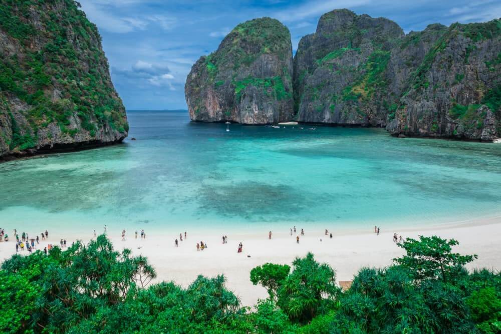 maya bay with people lying on the shore