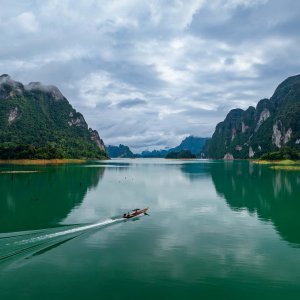 Aerial drone view of tourist boat on the khao lak