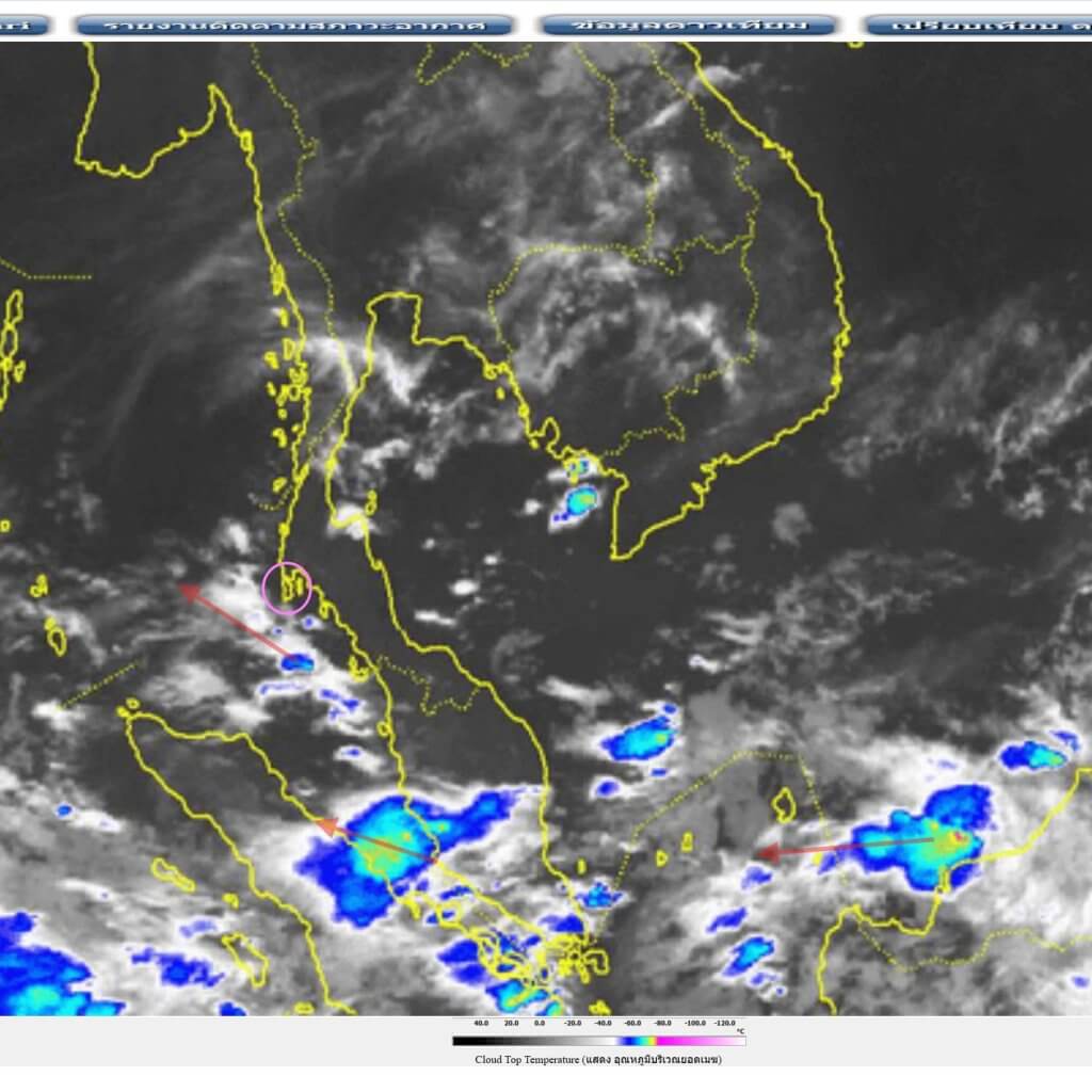 Infrared satellite image showing cloud cover and intense thunderstorm activity over parts of Phuket, with highlighted