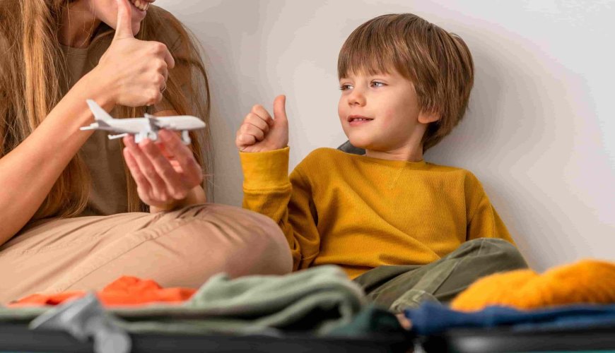 mother and child with luggage packing for a family trip