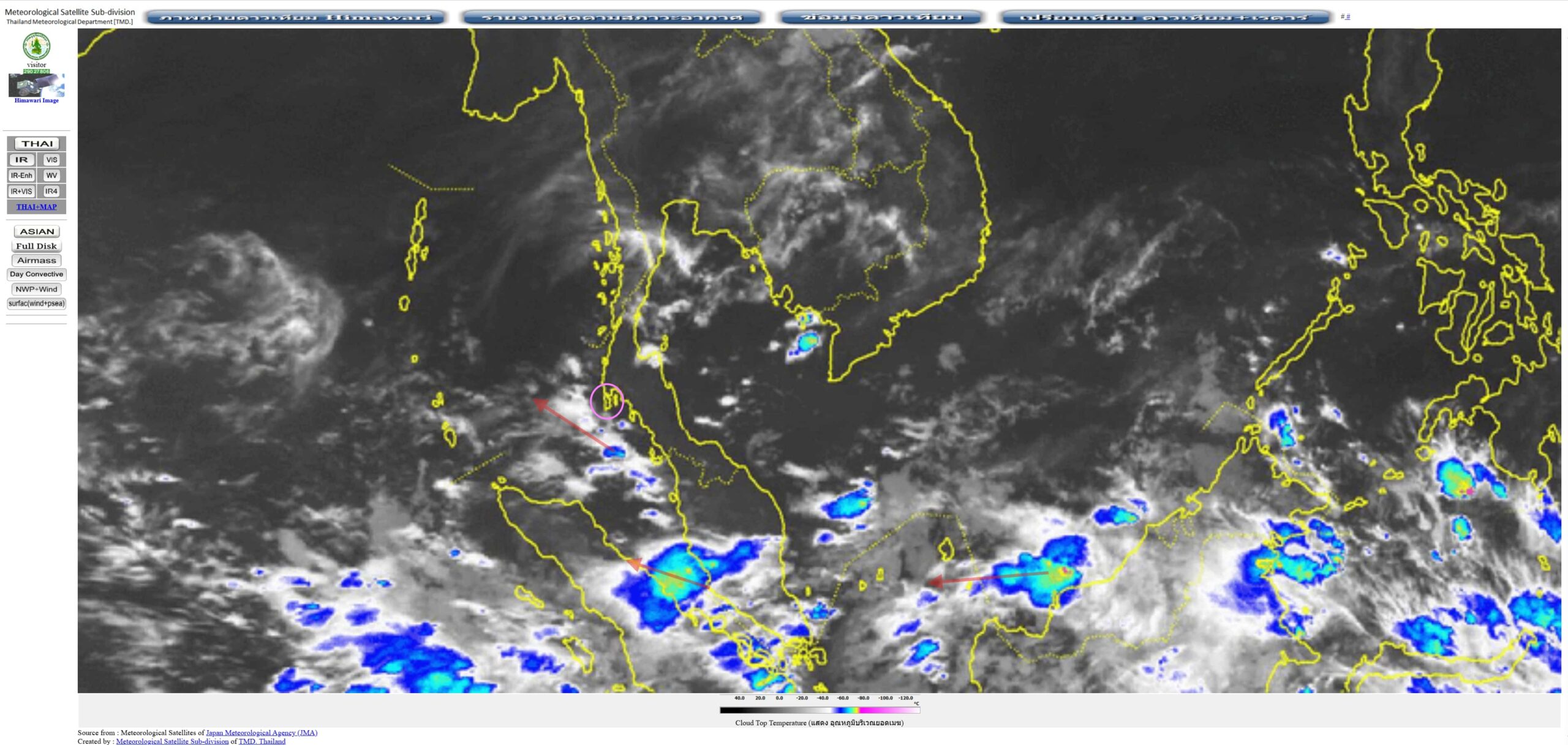 Infrared satellite image showing cloud cover and intense thunderstorm activity over parts of Phuket, with highlighted
