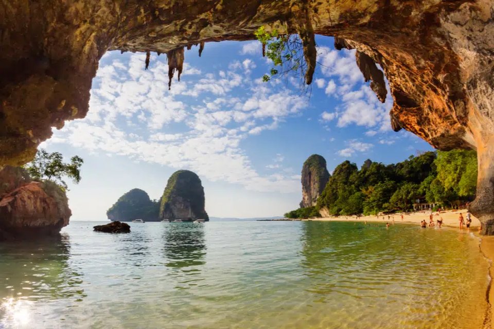 Phra Nang Cave Beach framed by limestone cliffs in Krabi