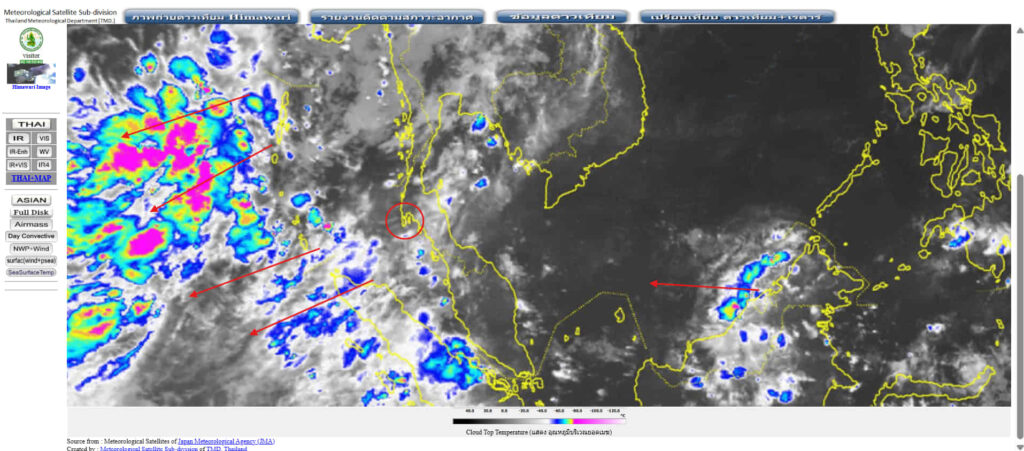 Updated Himawari satellite image (12 May 2026) showing convective activity mostly to the west of Phuket; arrows show motion vectors.