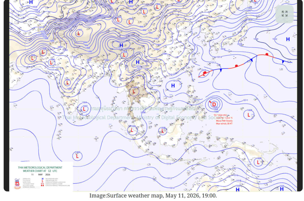 A synoptic pressure chart of south-east Asia showing a low-pressure system sitting over central Thailand.