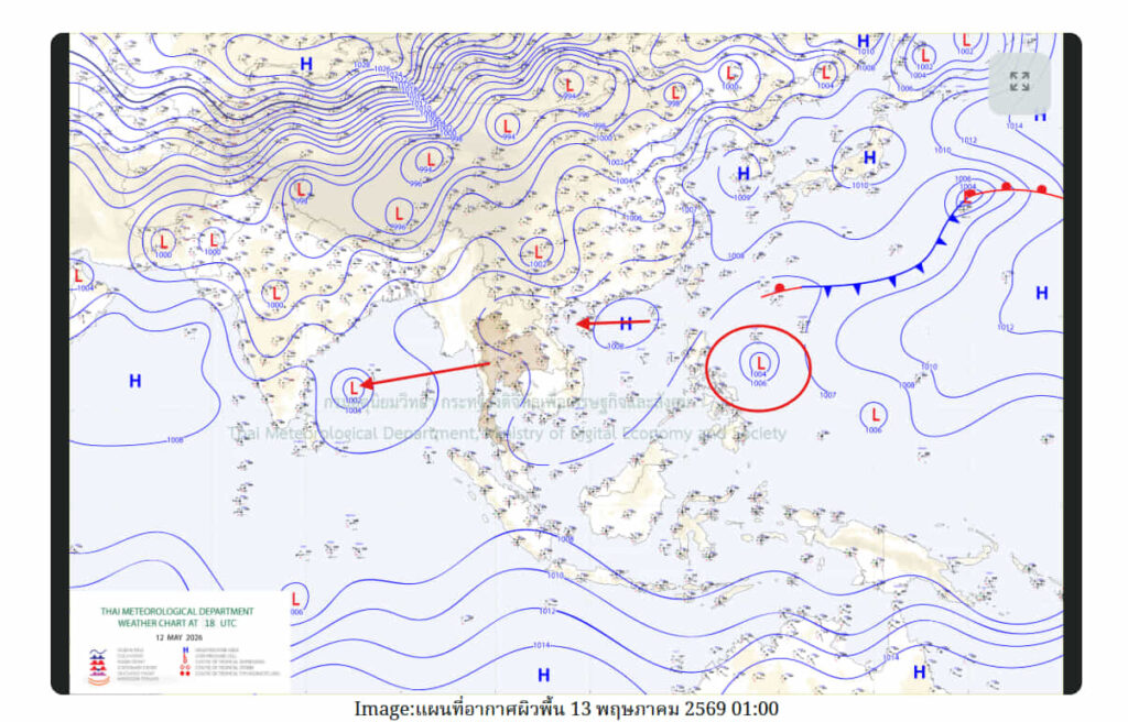 Updated synoptic chart 12 May 2026 showing the weakening Philippines depression, the new Vietnam high-pressure ridge, and the Bay of Bengal low moving west away from Thailand.